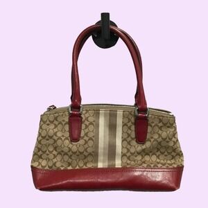 Coach Signature Monogram Shoulder Bag - Burgundy Red Brown Khaki